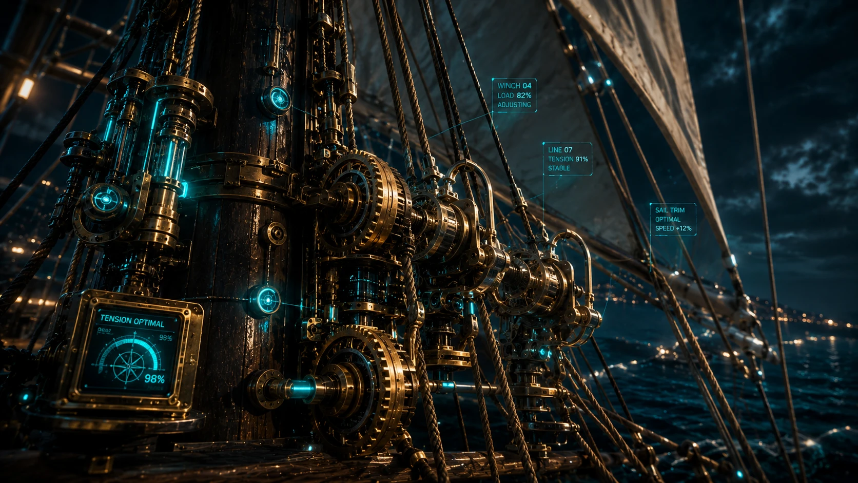 Mechanical brass clockwork gears automatically adjusting the ropes of a ship's sail, glowing with Teal sensors