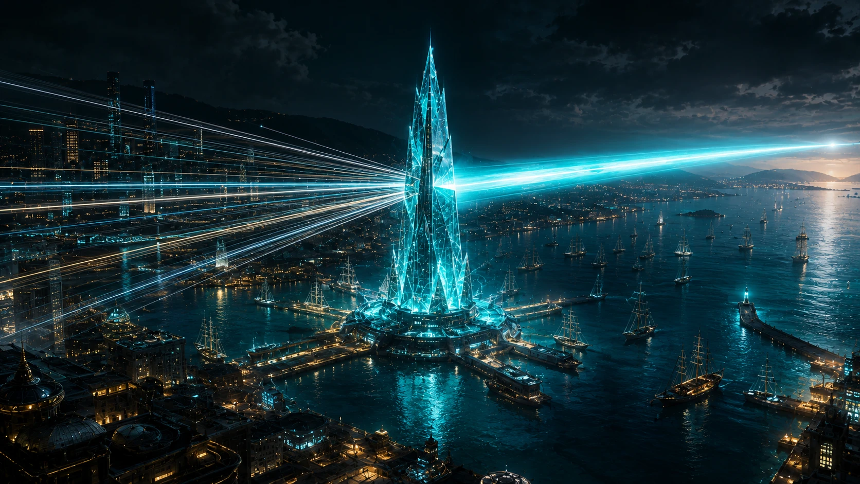 A single, massive crystalline Teal tower in a harbor, receiving dozens of different colored beams of light and refracting them into one single, powerful Teal beam