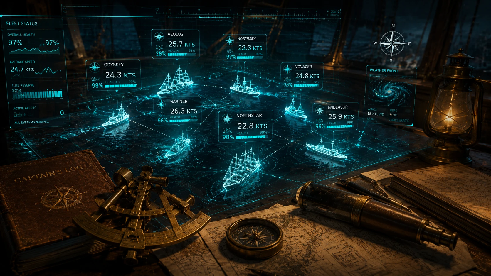A holographic navigator's desk showing a fleet of ships with real-time speed and performance metrics in Teal