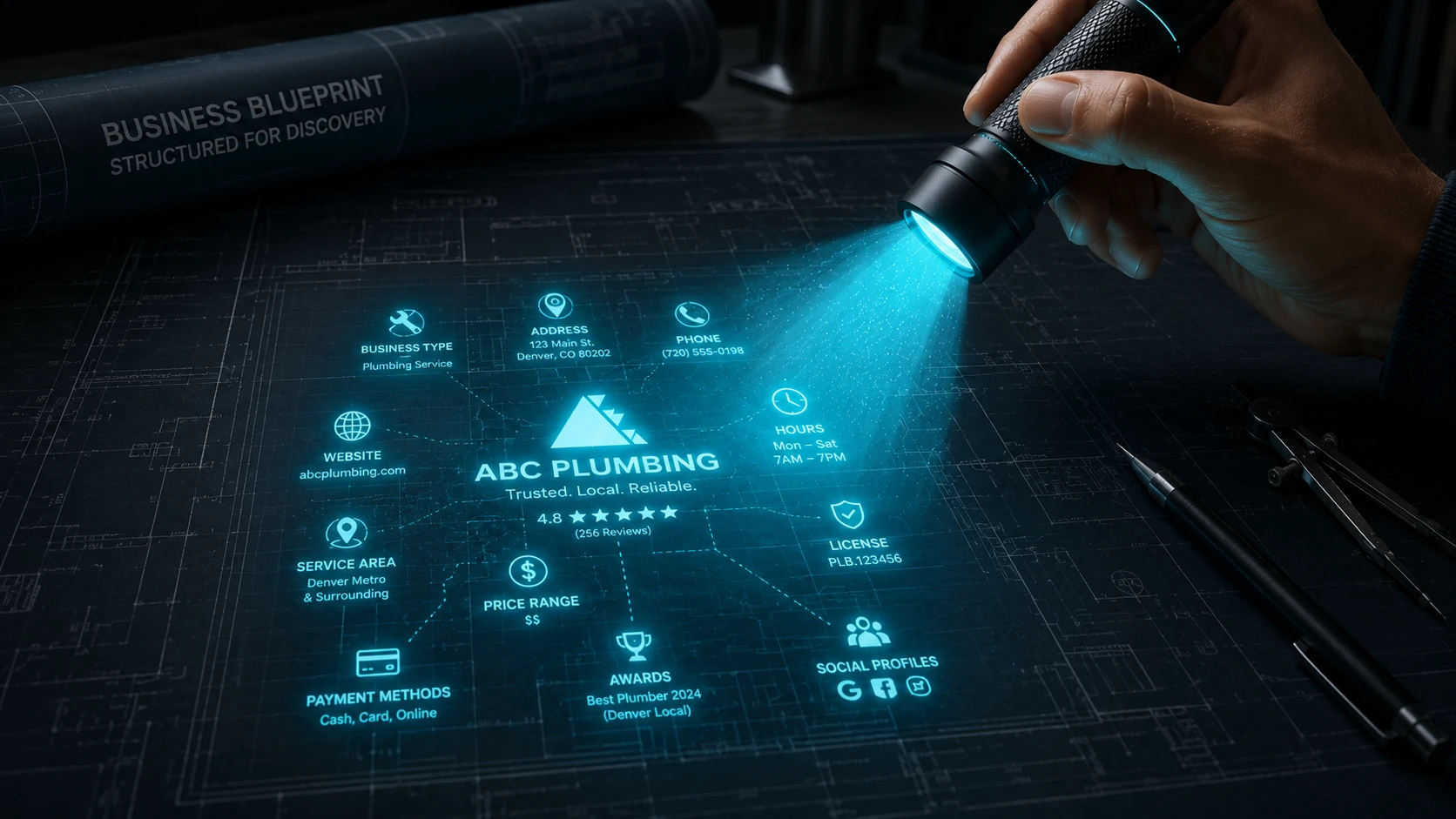 A hand drawing on a blueprint where certain Teal symbols only glow under a special light