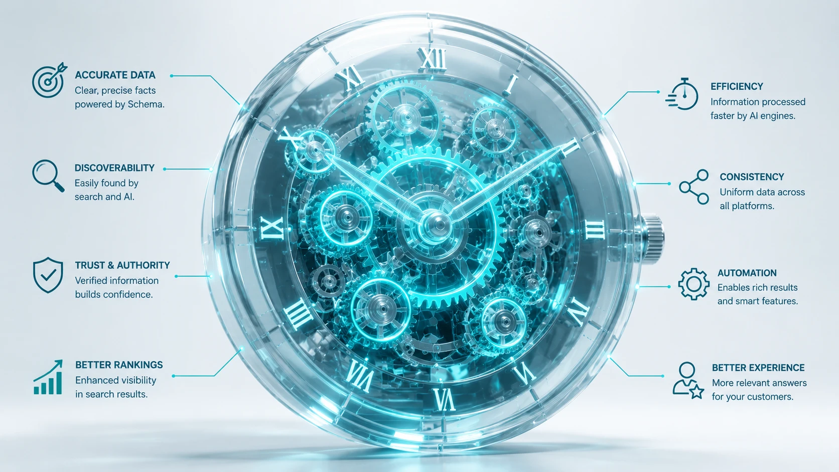 An intricate, transparent glass clock where every gear is perfectly aligned and glowing with Teal light