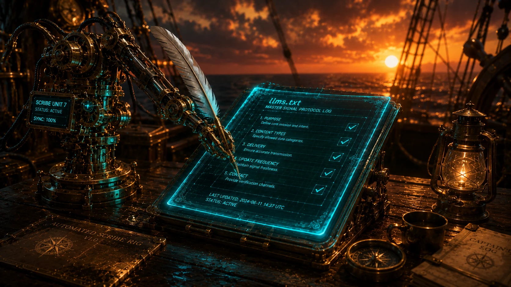 A mechanical brass quill automatically writing into a glowing Teal ledger on a ship's deck