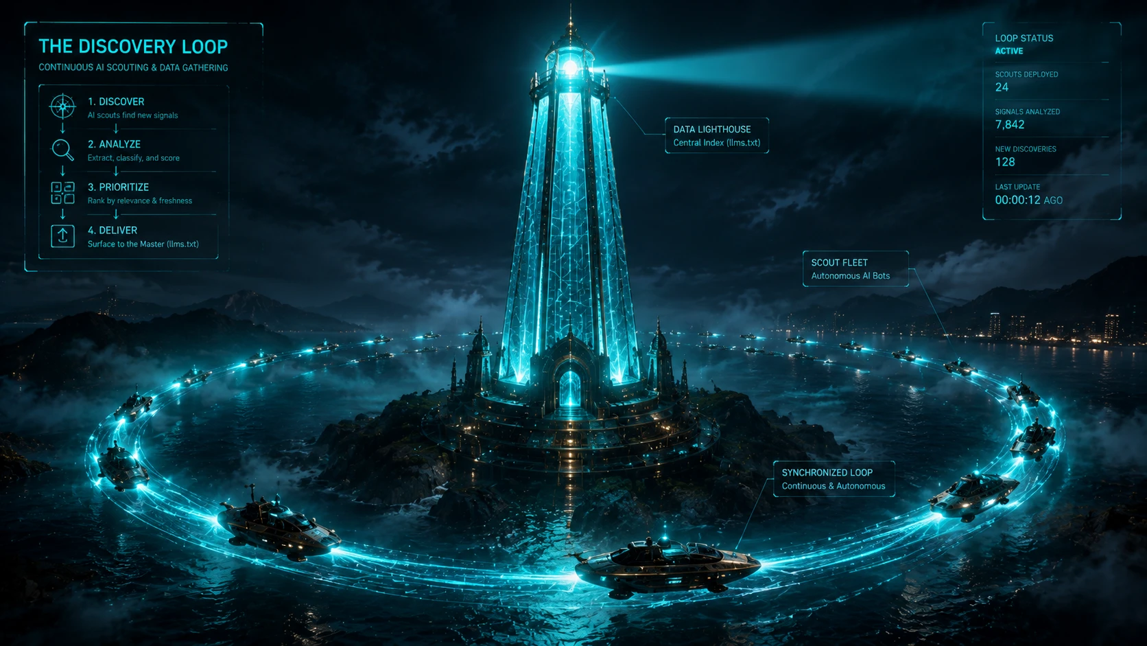 A synchronized loop of small scan requests orbiting a massive Teal crystalline data landmark