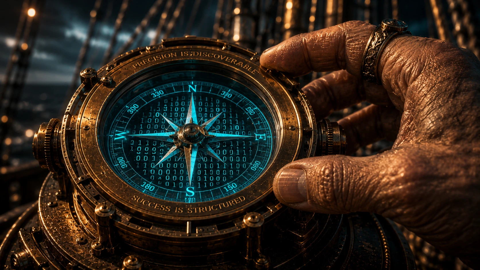 A close-up of a analyst's hand precisely turning the dial of an intricate Teal and brass instrument