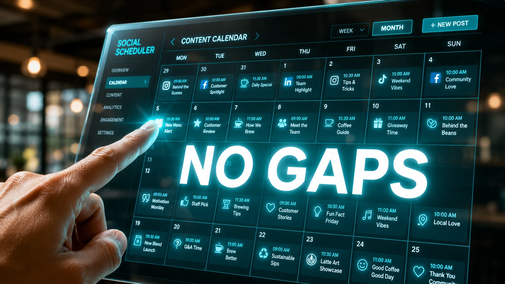 A close-up of a high-tech scheduling dashboard on a glass screen, with a human hand pointing to a perfectly filled calendar