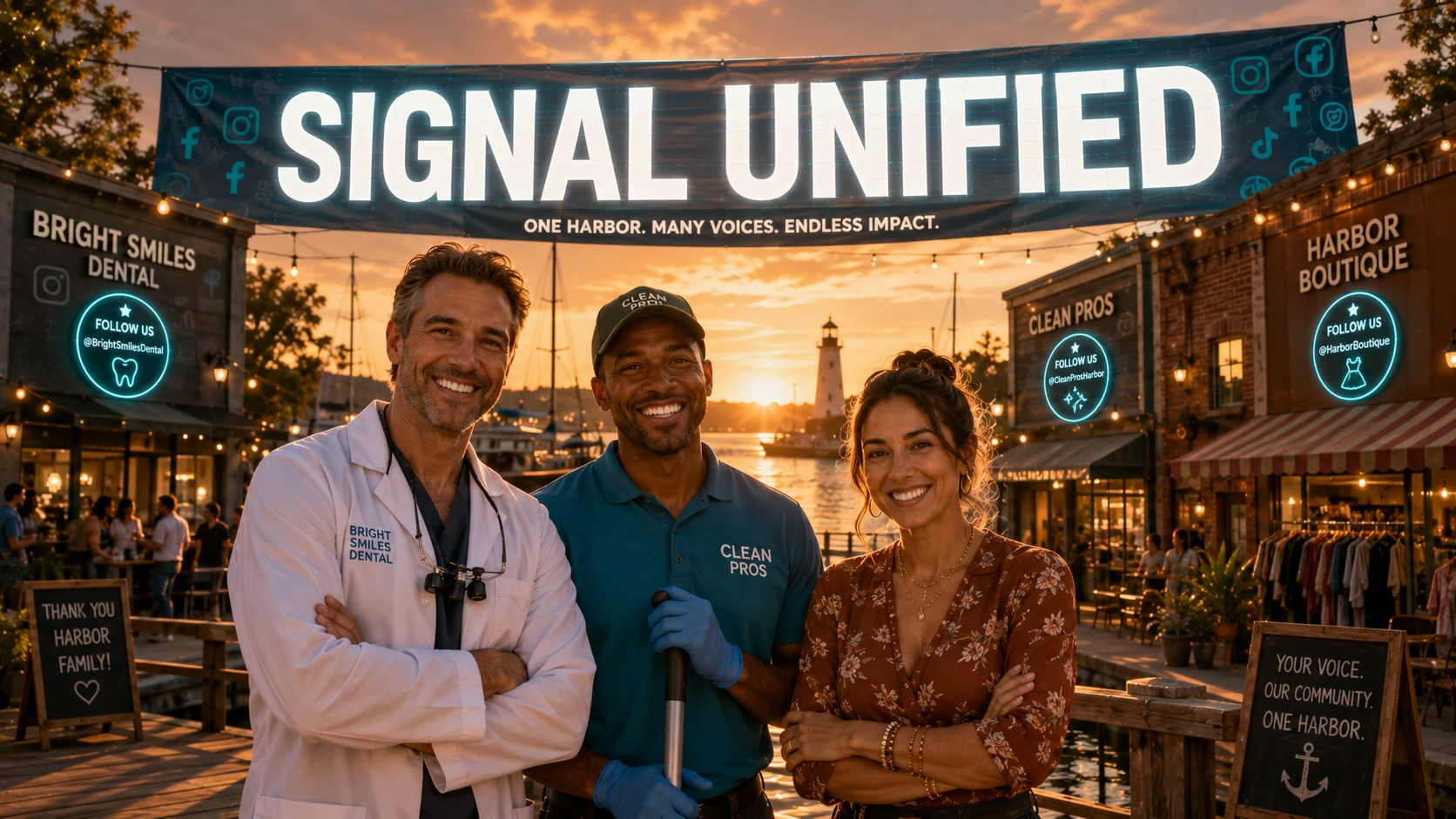 A diverse group of happy business owners standing together together at sunset, with a large 'TRUSTED VOICE' banner