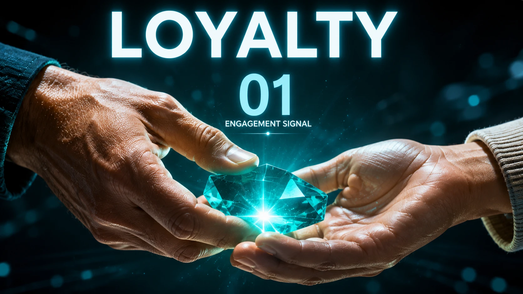 An extreme close-up of two human hands exchanging a glowing Teal crystal, with a large '01' step number in the air