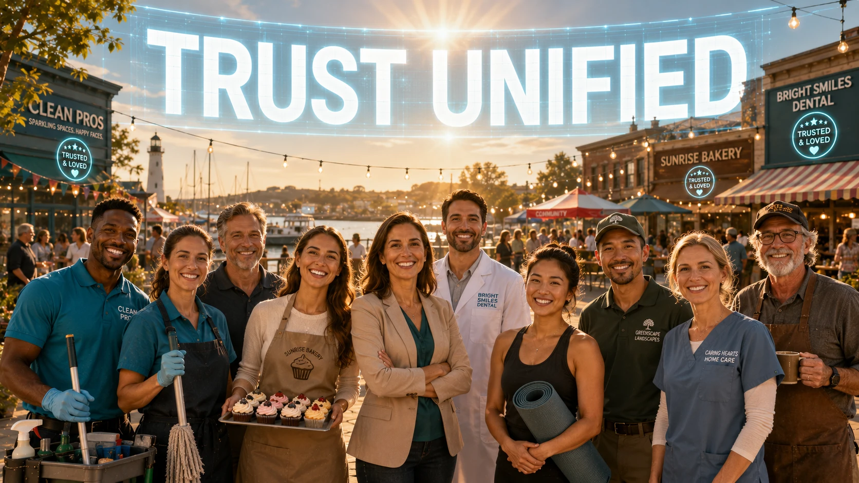 A diverse group of happy business owners and customers gathering for a festival in a sunlit community