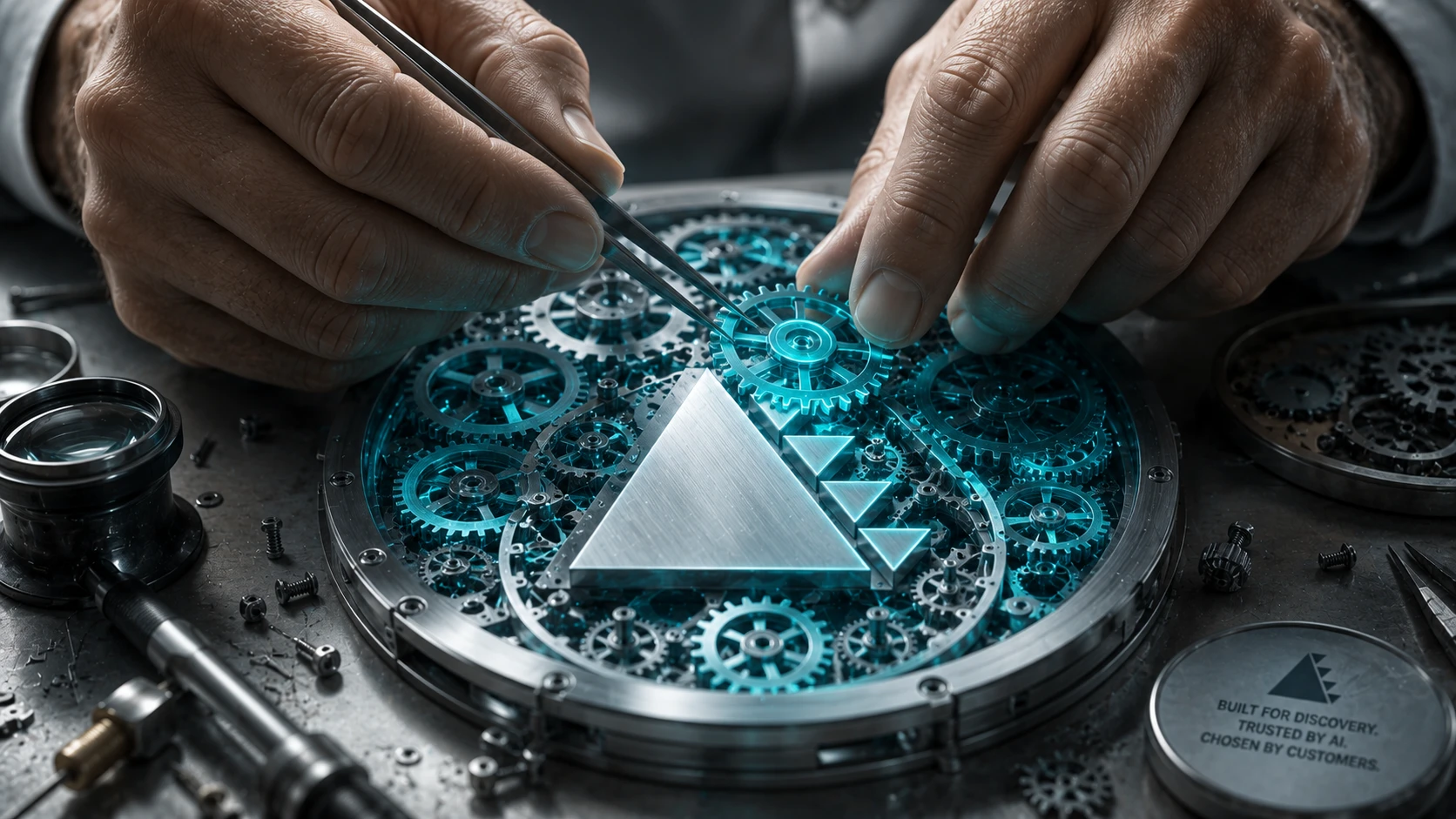 Close-up of a craftsman's hands assembling glowing Teal clockwork gears to form a brand logo
