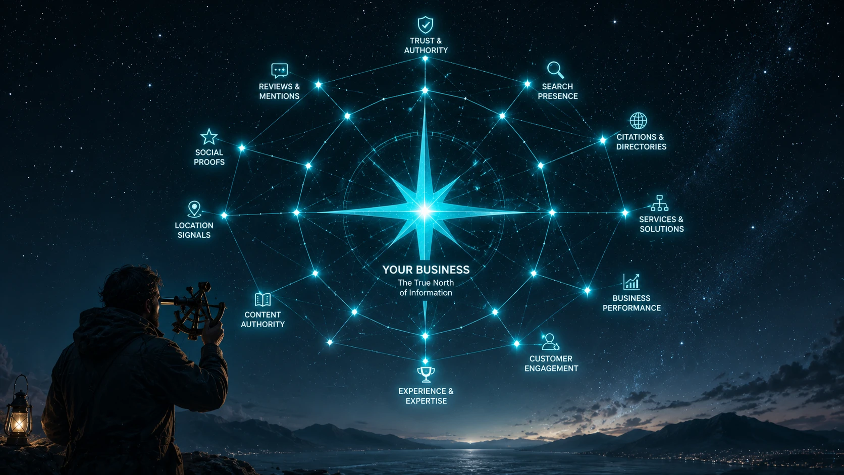 A night sky where glowing Teal stars connect to form a map of a business entity