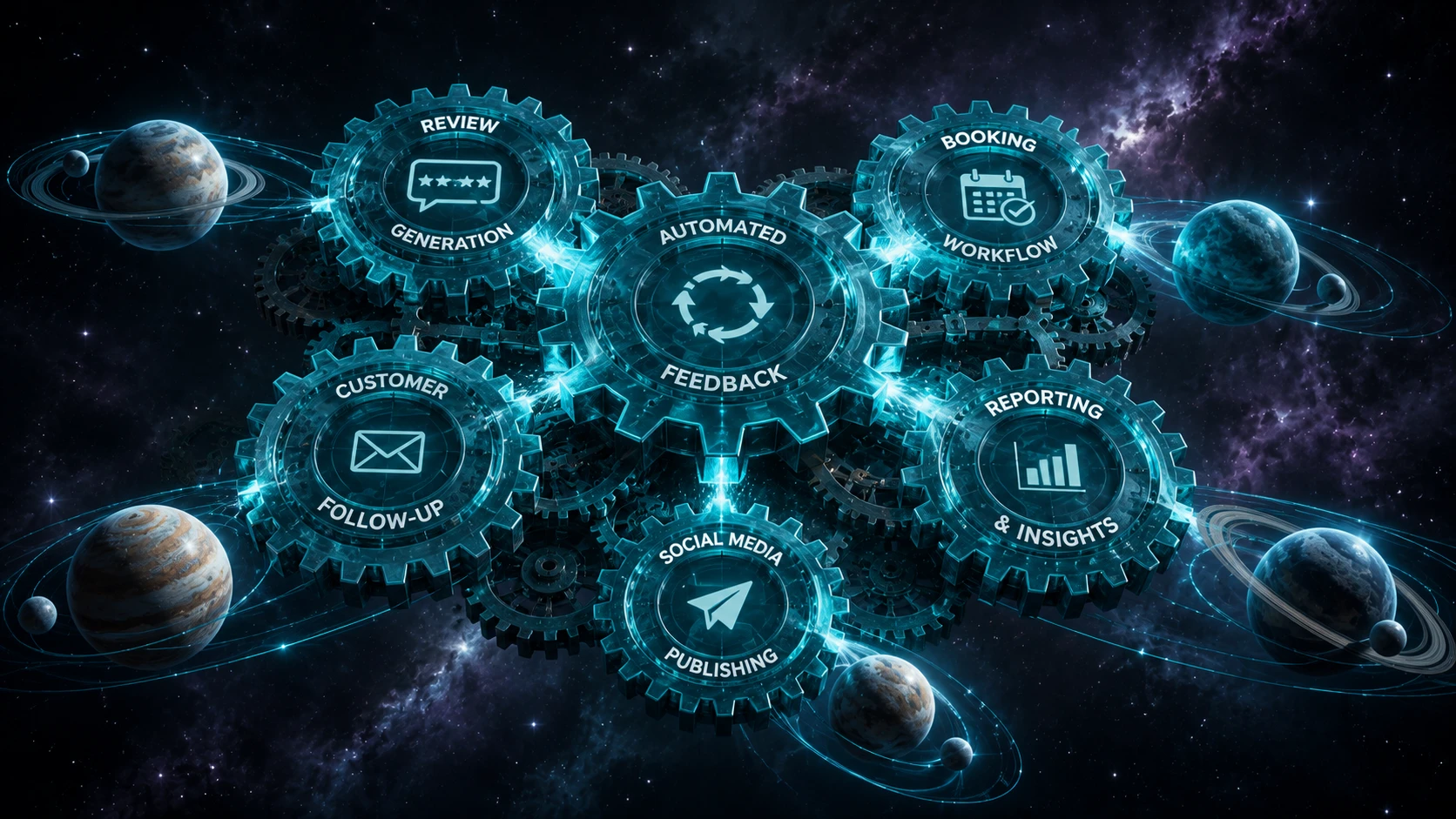 A bird's-eye view of a series of interlocking Teal gears floating in space, with each gear moving a planet in perfect harmony