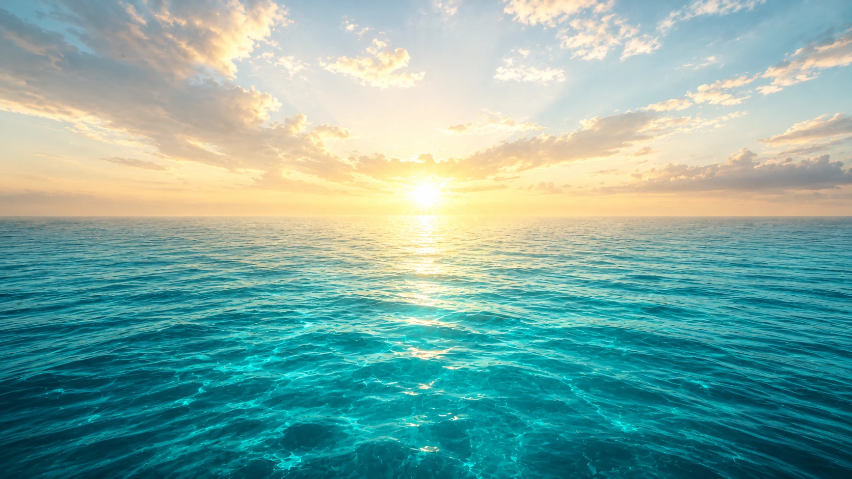 A wide, expansive view of a calm Teal ocean stretching toward a brilliant golden sunrise, with no obstacles in sight