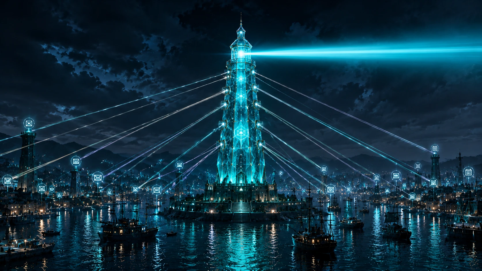 A single, massive crystalline Teal tower in a harbor, receiving dozens of different colored beams of light and refracting them into one single, powerful Teal beam